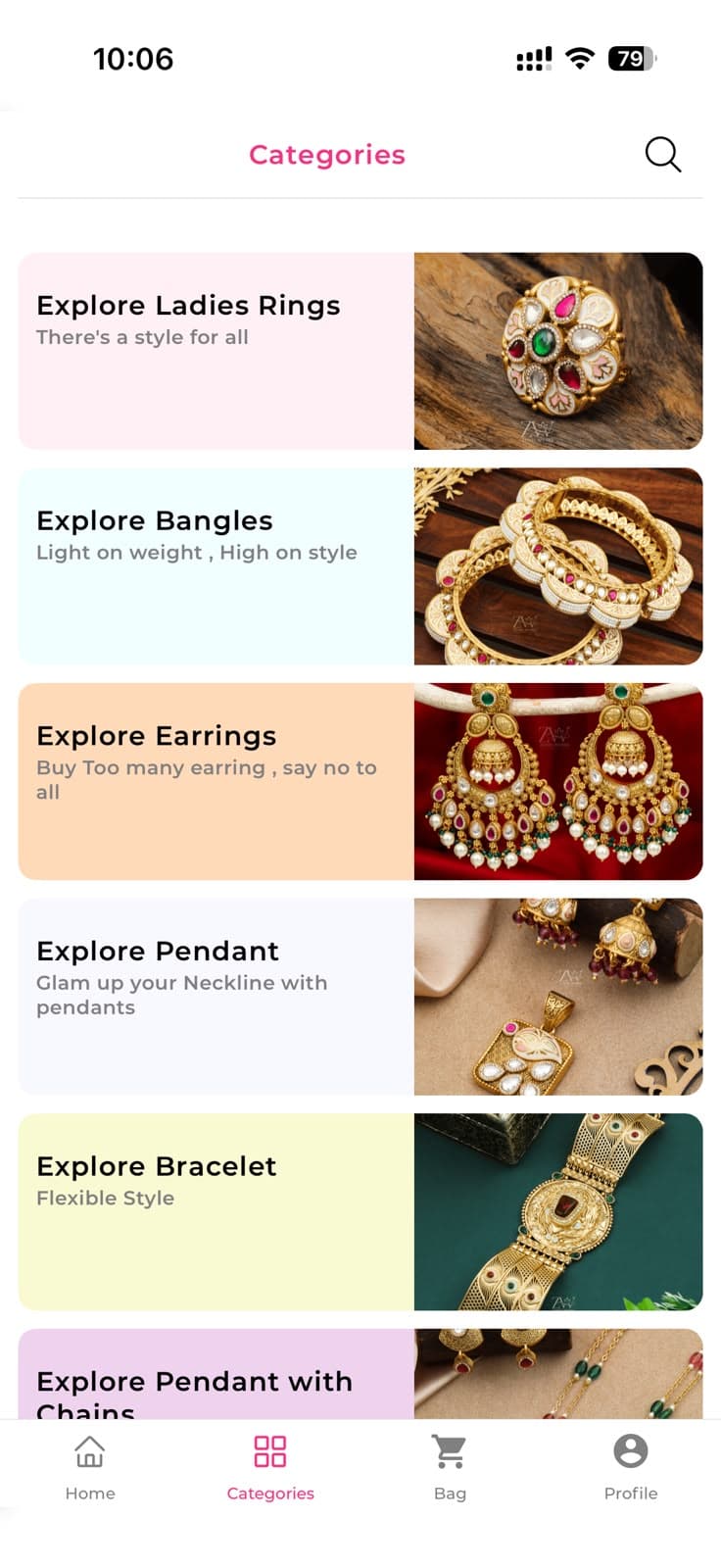 Branded client e-commerce app — categories